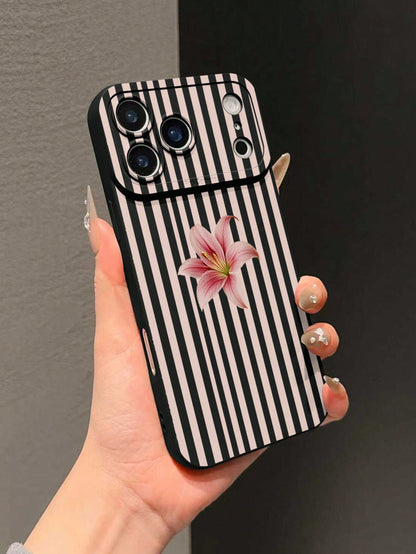 1pc Black Matte Anti-Fall Anti-Slip TPU Soft Phone Case UV Printed Stripe And Flower Pattern Phone Case Suitable For IPhone 7/8/7PLUS/8PLUS/X/XS/XR/XSMAX/11/11PRO/11PROMAX/12/12PRO/12PROMAX/12MINI/13