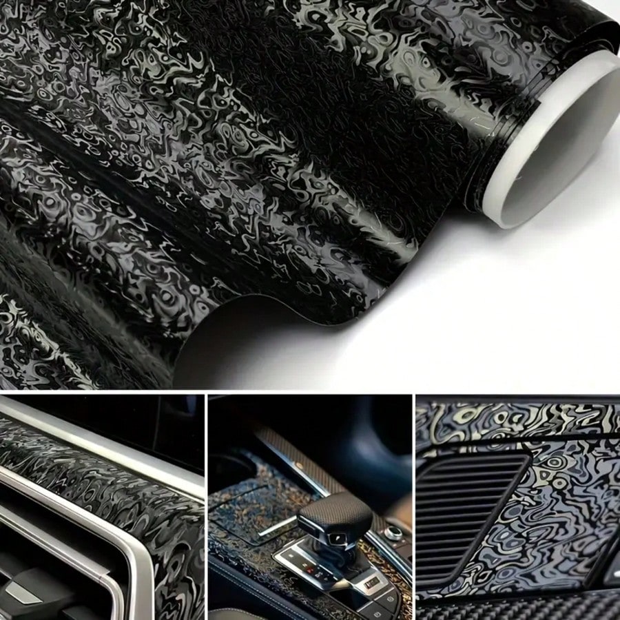 1pc Black Metaverse Ghost Forged Carbon Fiber Vinyl Wrap Roll Camouflage Pattern Camo Random Carbon Texture Car Sticker Film- PET Film, Car Body Color Change, Rearview Mirror, Interior Protection, Ca