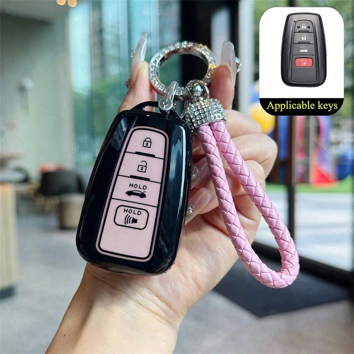 1pc Black & Pink Car Key Cover With Keychain, TPU Material, Compatible With Toyota 2018-2022 Camry, Avalon, Prius, GT86 Models