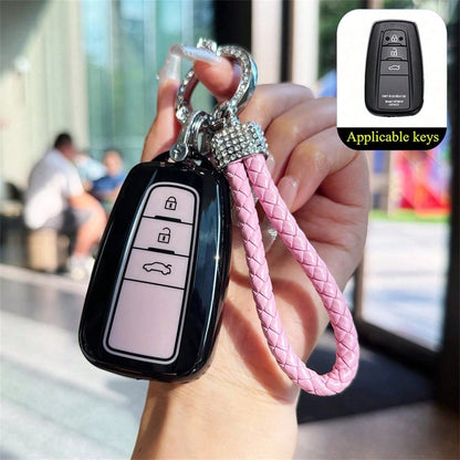 1pc Black & Pink Car Key Cover With Keychain, TPU Material, Compatible With Toyota 2018-2022 Camry, Avalon, Prius, GT86 Models