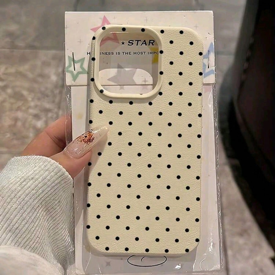 1pc Black Polka Dot UV Printed Pattern Design Leather Texture Phone Case