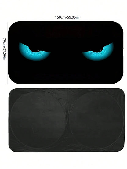 1pc Blue Devil Eye Design Foldable Car Windshield Sunshade Cover, 2025 Automotive Windshield Shade Blocks UV Rays Keeping Car Cool, Funny Car Sunshield With Durable Black Strap