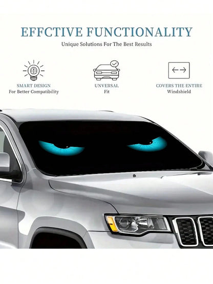 1pc Blue Devil Eye Design Foldable Car Windshield Sunshade Cover, 2025 Automotive Windshield Shade Blocks UV Rays Keeping Car Cool, Funny Car Sunshield With Durable Black Strap