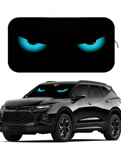 1pc Blue Devil Eye Design Foldable Car Windshield Sunshade Cover, 2025 Automotive Windshield Shade Blocks UV Rays Keeping Car Cool, Funny Car Sunshield With Durable Black Strap