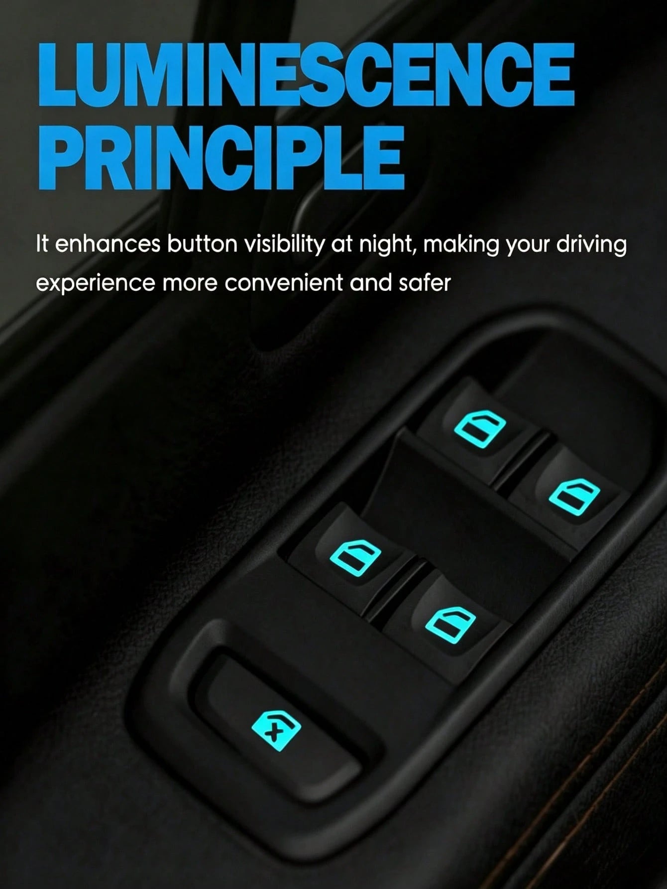 1pc Blue Luminous Car Window Button Stickers – Waterproof And Durable Fluorescent Decals For Window Switches (Interior Accessories/Car Parts/Car Stickers)