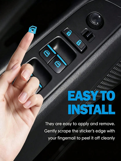 1pc Blue Luminous Car Window Button Stickers – Waterproof And Durable Fluorescent Decals For Window Switches (Interior Accessories/Car Parts/Car Stickers)