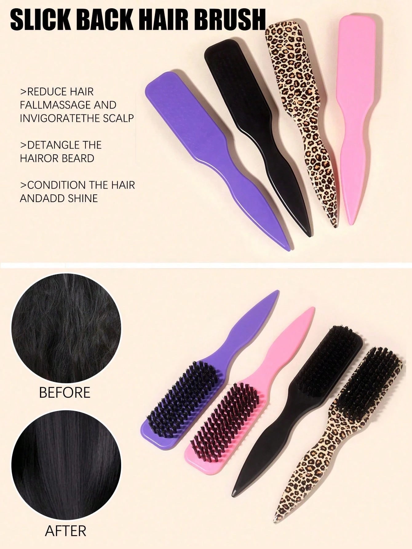 1pc Boar Bristle Slick Back Hair Brush For Sleek Ponytail Bun & Smoothing Baby Hairs, Flyaways, Edge Control- Backcombing & Teasing Hairbrush With Wide Rat Tail For Sectioning & Parting Beauty Home H
