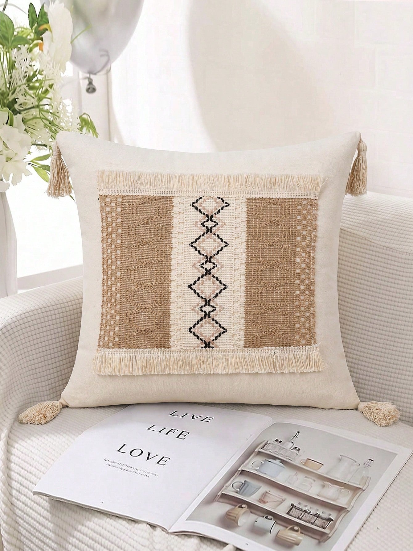 1pc Bohemian Tassel Pillow Case, Suitable For Bedroom, Living Room, Sofa, Pillow Insert Not Included