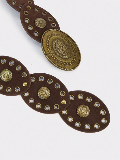 1pc Bohemian Western Style Women's Belt, Boho Belt, Western Belt, Gothic Velvet Patchwork Belt, Fashion Accessory For Women,Autumn/Winter Coffee & Antique Bronze Floral Oval Buckle, Dress Accessory