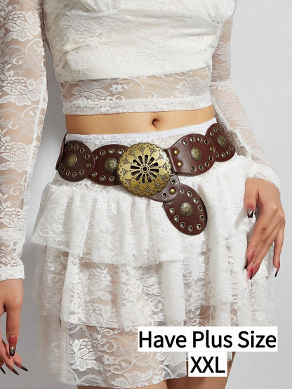 1pc Bohemian Western Style Women's Belt, Boho Belt, Western Belt, Gothic Velvet Patchwork Belt, Fashion Accessory For Women,Autumn/Winter Coffee & Antique Bronze Floral Oval Buckle, Dress Accessory