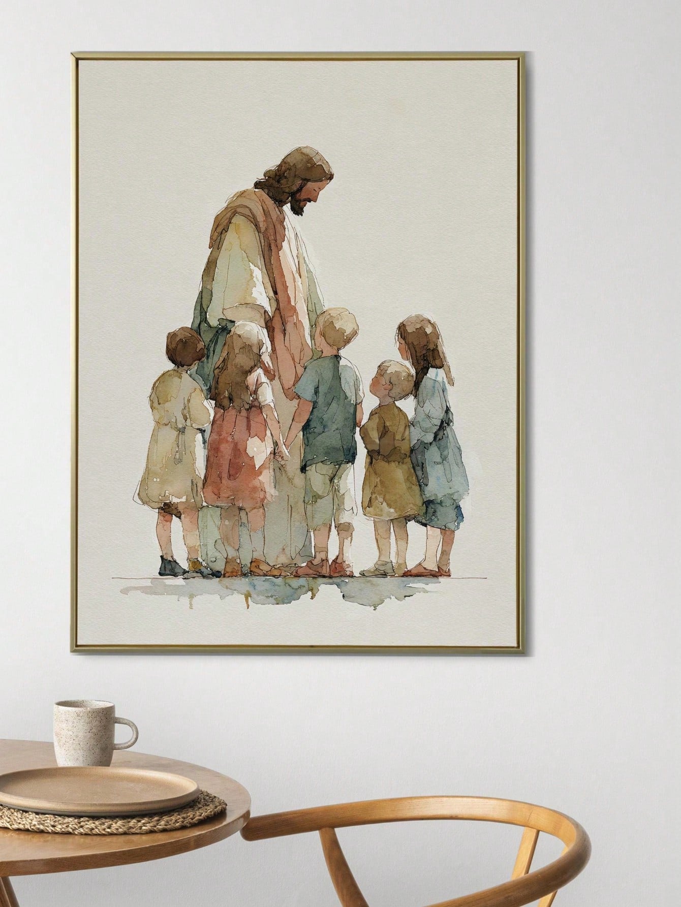 1pc Canvas Wall Art With Frame, "Jesus And The Children" Christian Religious Poster, Minimalist Faith Themed Art Poster, Children's Bible Scene Decor, Suitable For Living Room, Bedroom, Nursery, Churc