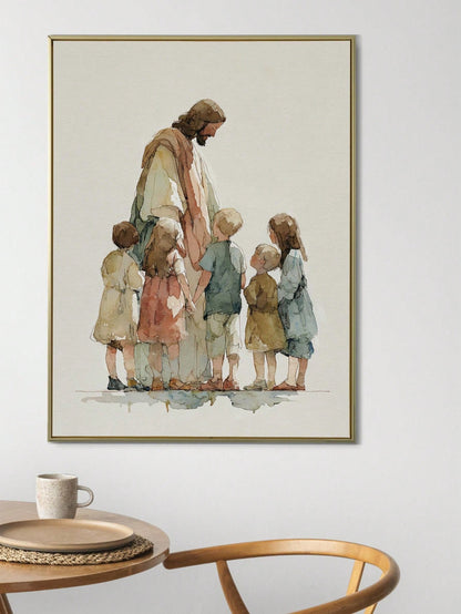 1pc Canvas Wall Art With Frame, "Jesus And The Children" Christian Religious Poster, Minimalist Faith Themed Art Poster, Children's Bible Scene Decor, Suitable For Living Room, Bedroom, Nursery, Churc