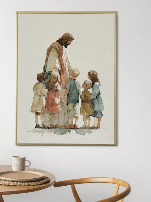 1pc Canvas Wall Art With Frame, "Jesus And The Children" Christian Religious Poster, Minimalist Faith Themed Art Poster, Children's Bible Scene Decor, Suitable For Living Room, Bedroom, Nursery, Churc