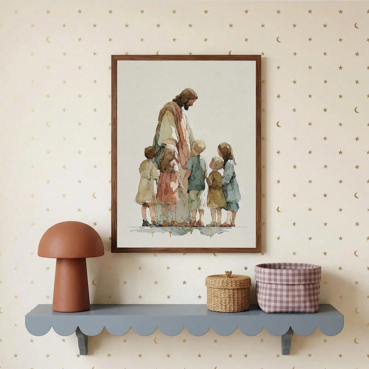 1pc Canvas Wall Art With Frame, "Jesus And The Children" Christian Religious Poster, Minimalist Faith Themed Art Poster, Children's Bible Scene Decor, Suitable For Living Room, Bedroom, Nursery, Churc