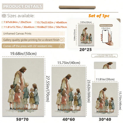 1pc Canvas Wall Art With Frame, "Jesus And The Children" Christian Religious Poster, Minimalist Faith Themed Art Poster, Children's Bible Scene Decor, Suitable For Living Room, Bedroom, Nursery, Churc