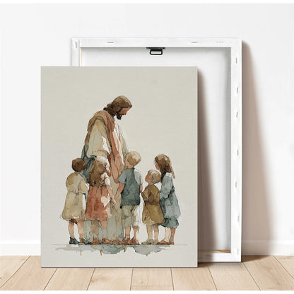 1pc Canvas Wall Art With Frame, "Jesus And The Children" Christian Religious Poster, Minimalist Faith Themed Art Poster, Children's Bible Scene Decor, Suitable For Living Room, Bedroom, Nursery, Churc