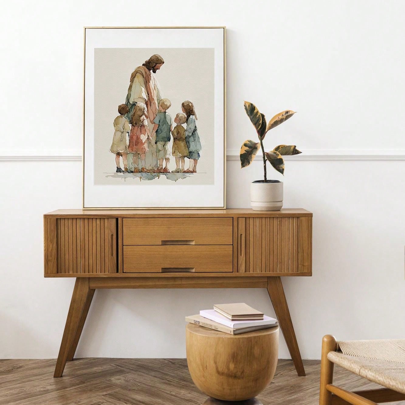 1pc Canvas Wall Art With Frame, "Jesus And The Children" Christian Religious Poster, Minimalist Faith Themed Art Poster, Children's Bible Scene Decor, Suitable For Living Room, Bedroom, Nursery, Churc