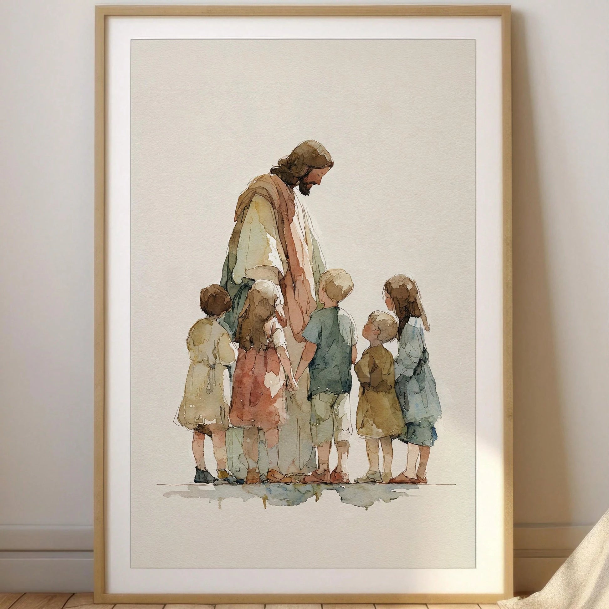 1pc Canvas Wall Art With Frame, "Jesus And The Children" Christian Religious Poster, Minimalist Faith Themed Art Poster, Children's Bible Scene Decor, Suitable For Living Room, Bedroom, Nursery, Churc