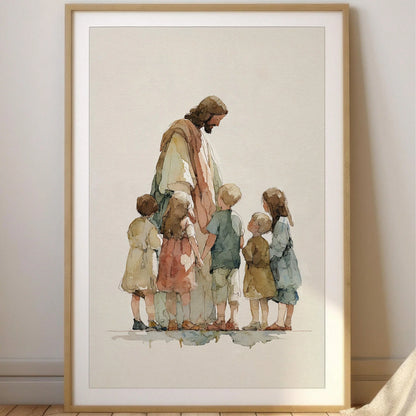 1pc Canvas Wall Art With Frame, "Jesus And The Children" Christian Religious Poster, Minimalist Faith Themed Art Poster, Children's Bible Scene Decor, Suitable For Living Room, Bedroom, Nursery, Churc