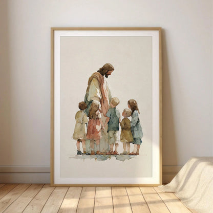 1pc Canvas Wall Art With Frame, "Jesus And The Children" Christian Religious Poster, Minimalist Faith Themed Art Poster, Children's Bible Scene Decor, Suitable For Living Room, Bedroom, Nursery, Churc