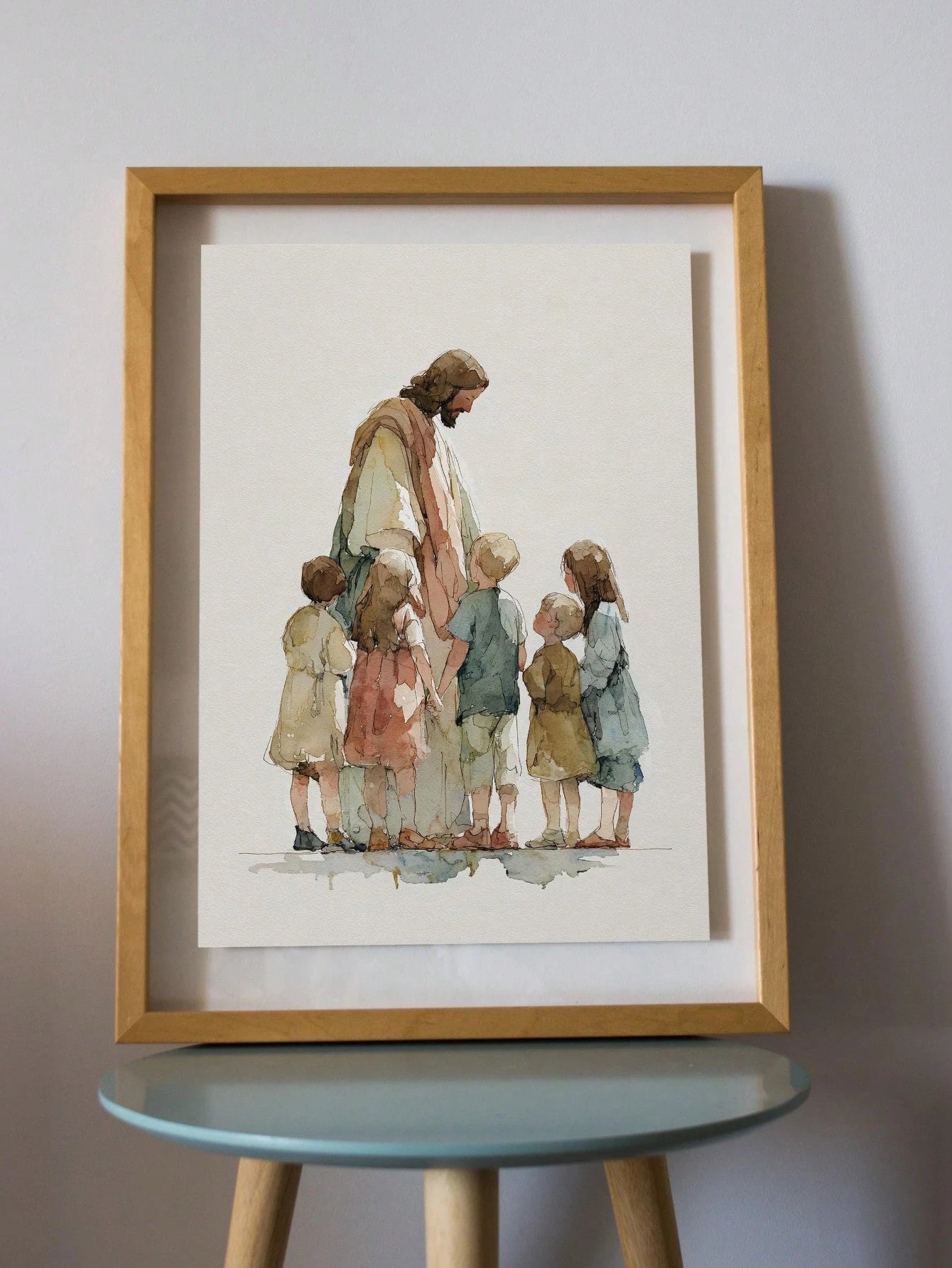 1pc Canvas Wall Art With Frame, "Jesus And The Children" Christian Religious Poster, Minimalist Faith Themed Art Poster, Children's Bible Scene Decor, Suitable For Living Room, Bedroom, Nursery, Churc