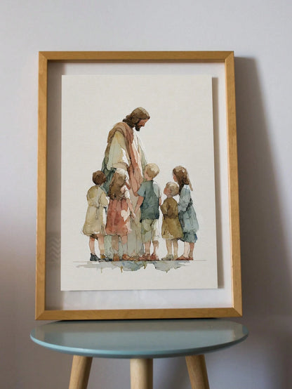 1pc Canvas Wall Art With Frame, "Jesus And The Children" Christian Religious Poster, Minimalist Faith Themed Art Poster, Children's Bible Scene Decor, Suitable For Living Room, Bedroom, Nursery, Churc