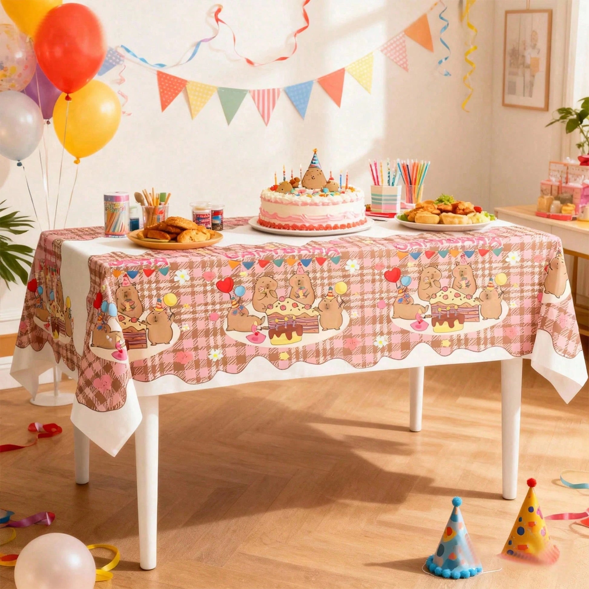 1pc Capybara Pattern Children's Birthday Party Disposable Tablecloth, Suitable For Baptism, 1st Birthday, Gender Reveal Party
