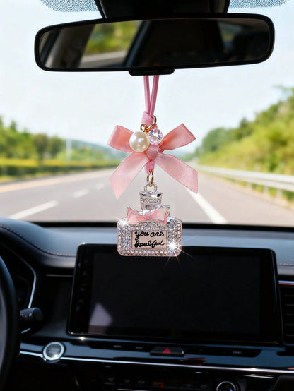1pc Car Interior Accessories Alloy Perfume Bottle Pendant Bow Decor Rearview Mirror Hanging Ornament For Vehicle Interior