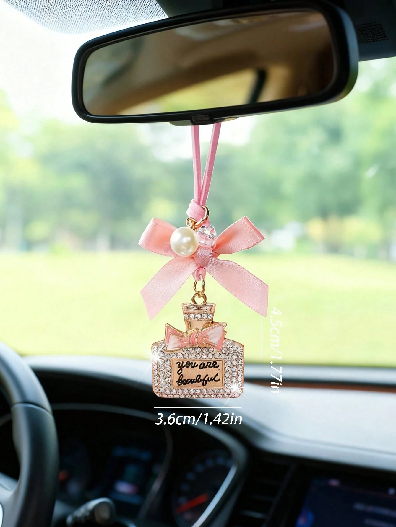 1pc Car Interior Accessories Alloy Perfume Bottle Pendant Bow Decor Rearview Mirror Hanging Ornament For Vehicle Interior