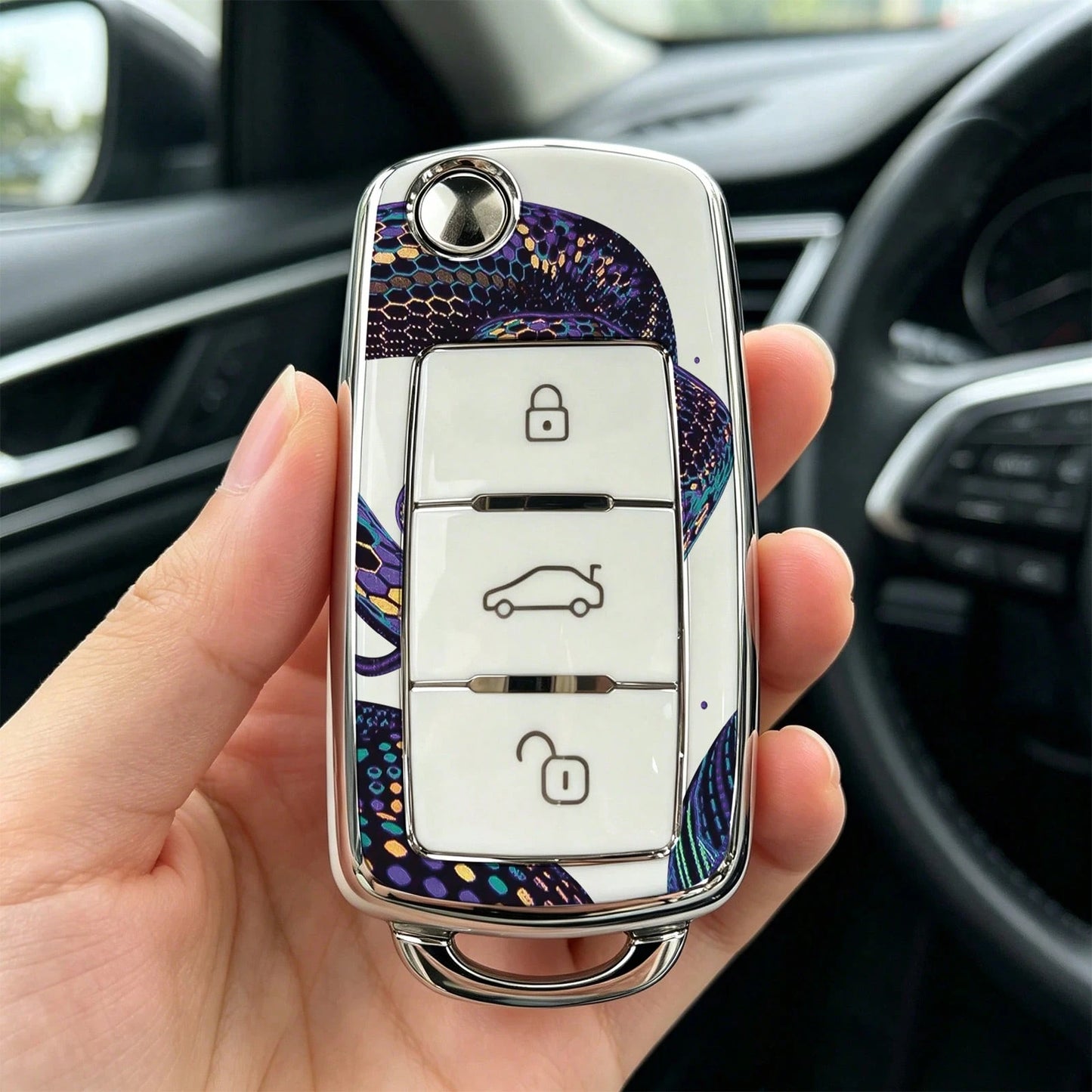 1pc Car Key Case-Luxury Print,Suitable For Jetta Mk6, Polo Mk5, Golf Mk6, Tiguan Mk1, Passat B7, Passat NMS, Caddy Mk3, Beetle, Amarok, Touran Mk1. Advanced Soft-Touch, Does Not Block Signal, Unisex.