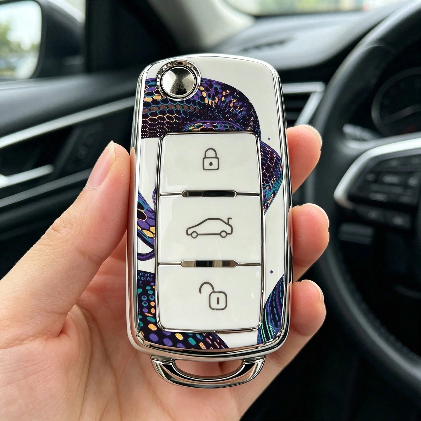 1pc Car Key Case-Luxury Print,Suitable For Jetta Mk6, Polo Mk5, Golf Mk6, Tiguan Mk1, Passat B7, Passat NMS, Caddy Mk3, Beetle, Amarok, Touran Mk1. Advanced Soft-Touch, Does Not Block Signal, Unisex.