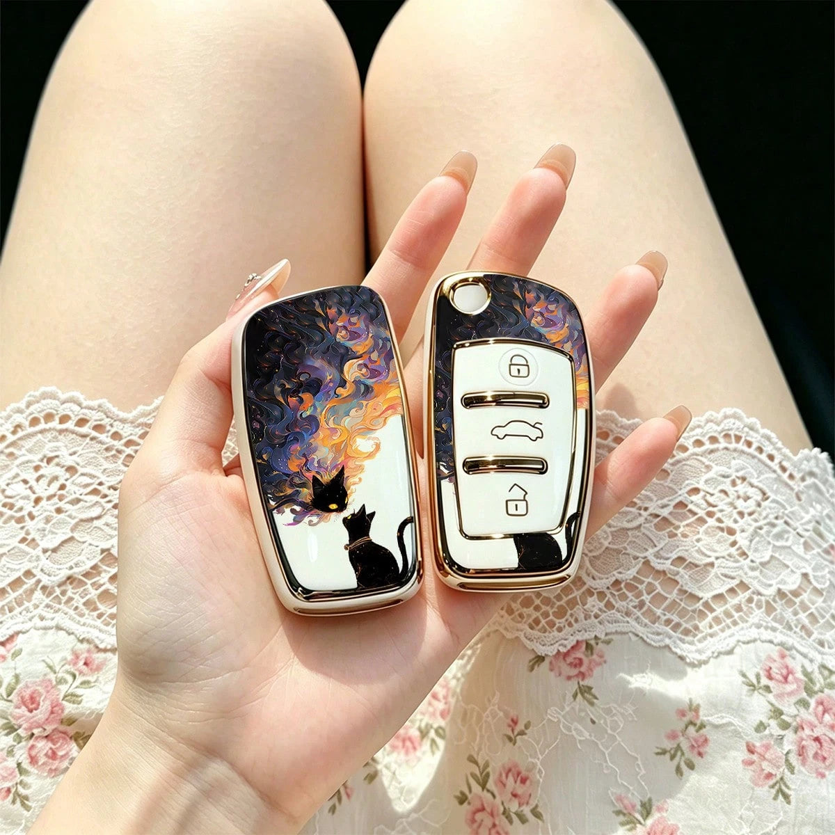 1pc Car Key Case-Modern Print,Suitable For Audi A3 8P, A6 C6, Q3 8U, A1 8X, Q7 4L, TT 8J, R8 42.Advanced Soft-Touch, Does Not Block Signal, Unisex.