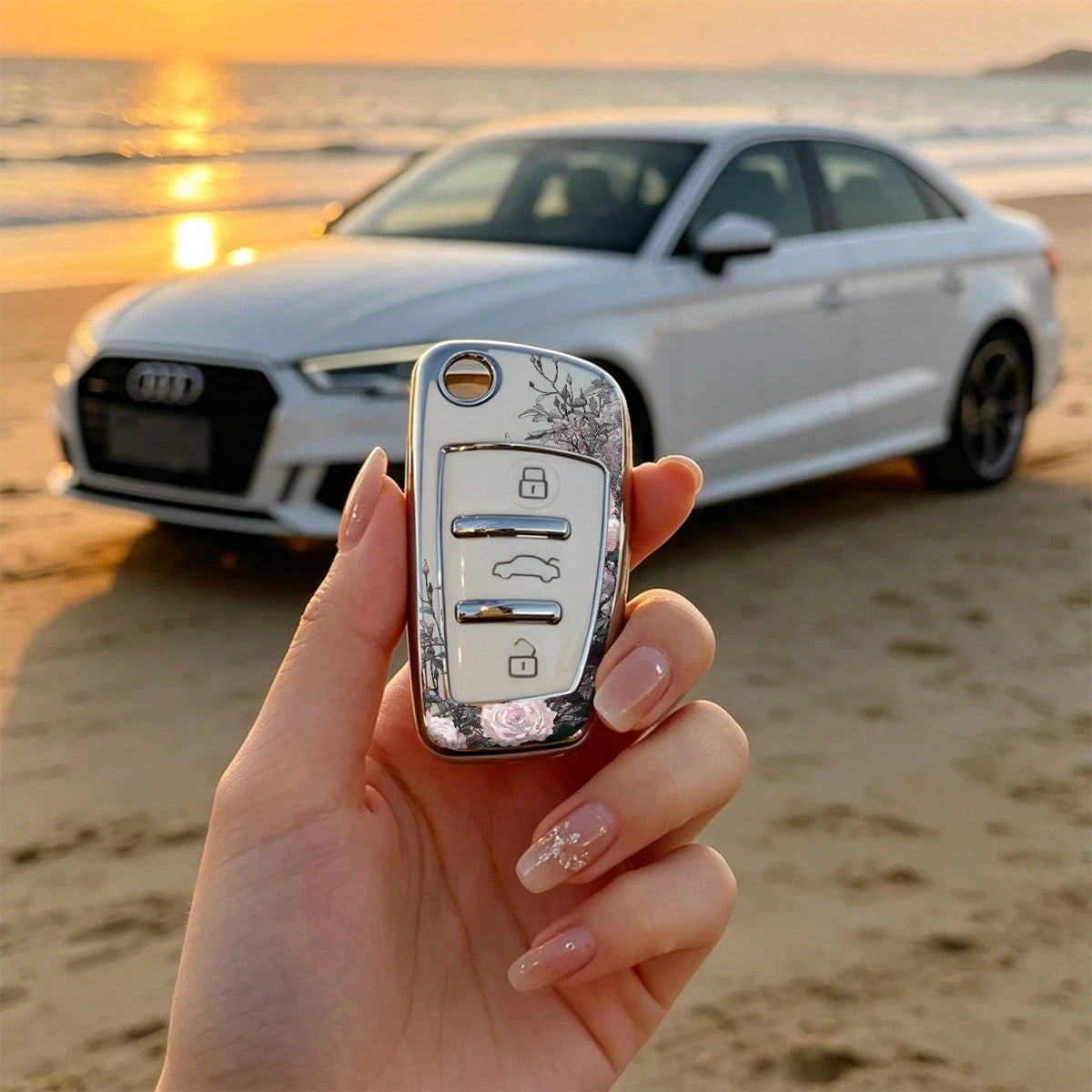 1pc Car Key Case-Modern Print,Suitable For Audi A3 8P, A6 C6, Q3 8U, A1 8X, Q7 4L, TT 8J, R8 42.Advanced Soft-Touch, Does Not Block Signal, Unisex.