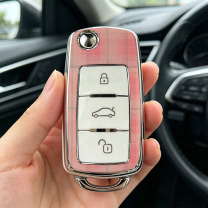 1pc Car Key Case-Vogue Print,Suitable For Jetta Mk6, Polo Mk5, Golf Mk6, Tiguan Mk1, Passat B7, Passat NMS, Caddy Mk3, Beetle, Amarok, Touran Mk1. Advanced Soft-Touch, Does Not Block Signal, Unisex.