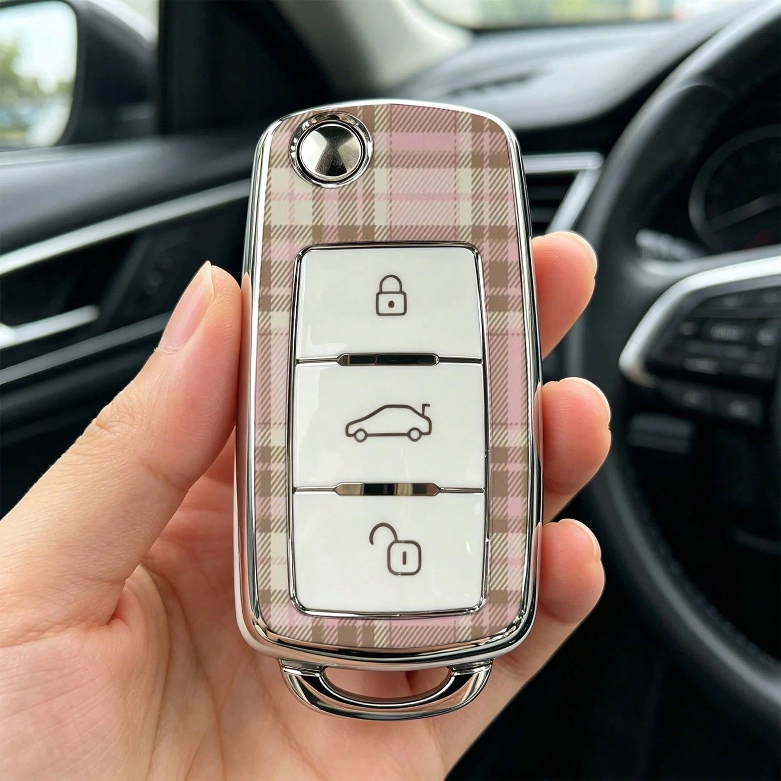 1pc Car Key Case-Vogue Print,Suitable For Jetta Mk6, Polo Mk5, Golf Mk6, Tiguan Mk1, Passat B7, Passat NMS, Caddy Mk3, Beetle, Amarok, Touran Mk1. Advanced Soft-Touch, Does Not Block Signal, Unisex.