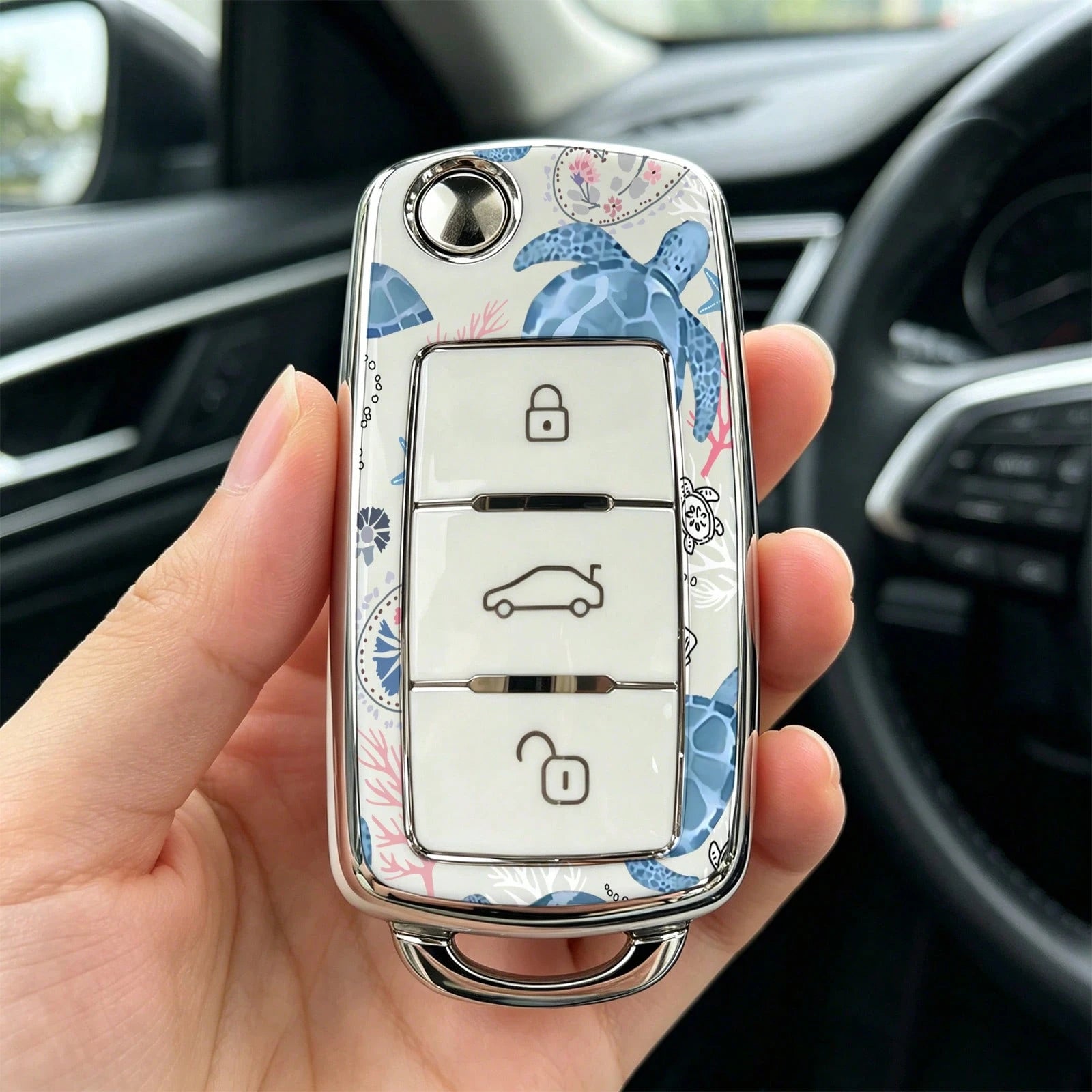 1pc Car Key Case-Vogue Print,Suitable For Jetta Mk6, Polo Mk5, Golf Mk6, Tiguan Mk1, Passat B7, Passat NMS, Caddy Mk3, Beetle, Amarok, Touran Mk1. Advanced Soft-Touch, Does Not Block Signal, Unisex.