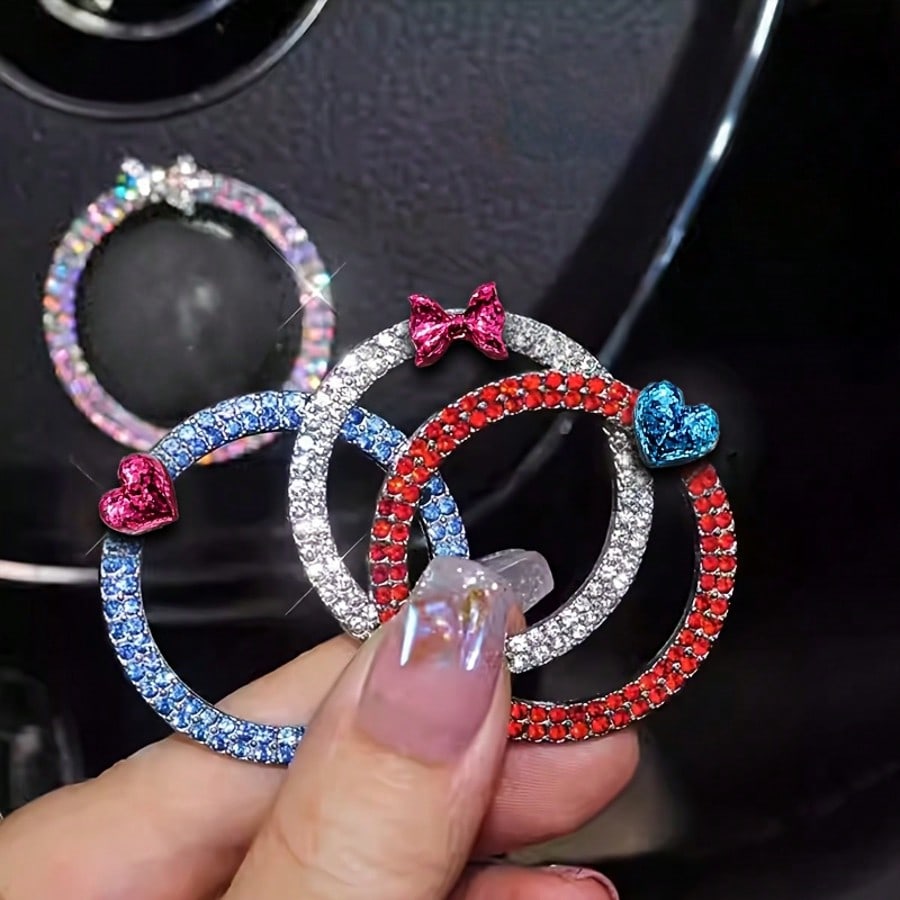1pc Car One Click Start Decoration Circle Double Row Crystal Bowknot Fire Ring Ignition Switch Button Decoration