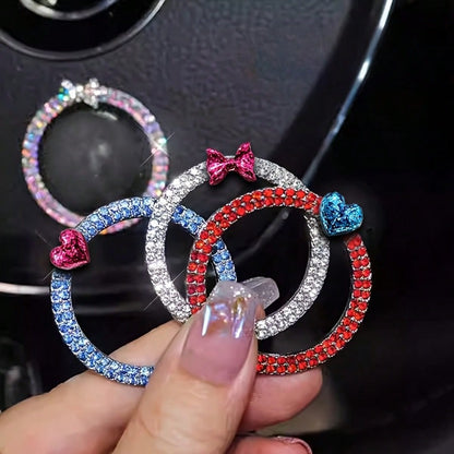 1pc Car One Click Start Decoration Circle Double Row Crystal Bowknot Fire Ring Ignition Switch Button Decoration