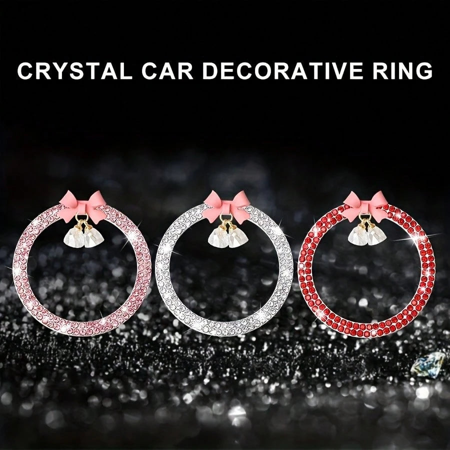 1pc Car One Click Start Decoration Circle Double Row Crystal Bowknot Fire Ring Ignition Switch Button Decoration