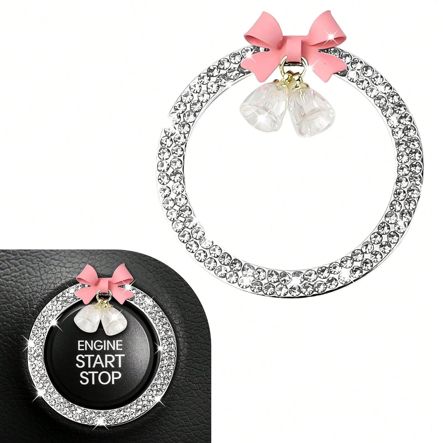 1pc Car One Click Start Decoration Circle Double Row Crystal Bowknot Fire Ring Ignition Switch Button Decoration
