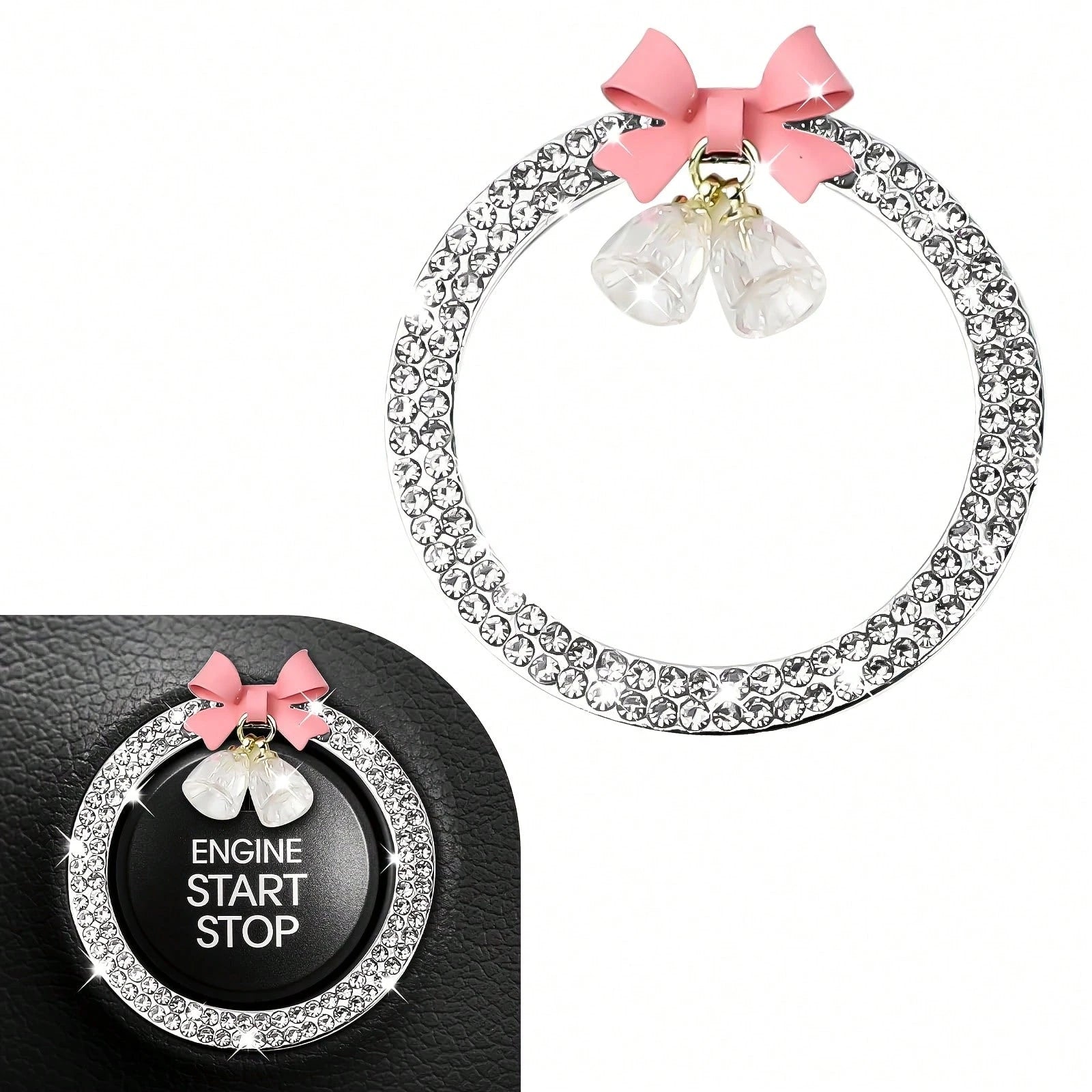 1pc Car One Click Start Decoration Circle Double Row Crystal Bowknot Fire Ring Ignition Switch Button Decoration