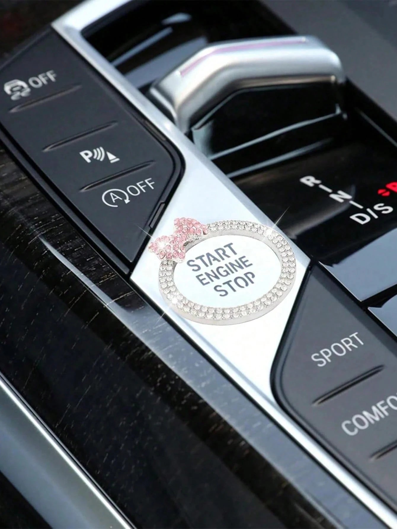 1pc Car One Click Start Decoration Circle Double Row Crystal Bowknot Fire Ring Ignition Switch Button Decoration