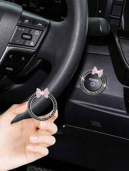 1pc Car One Click Start Decoration Circle Double Row Crystal Bowknot Fire Ring Ignition Switch Button Decoration
