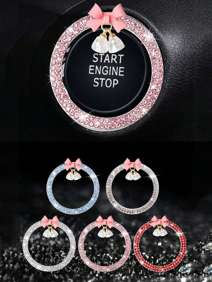 1pc Car One-Key Start Decorative Sticker, Interior Button Embedded With Diamond Bow Crystal Bell Pendant Ignition Ring