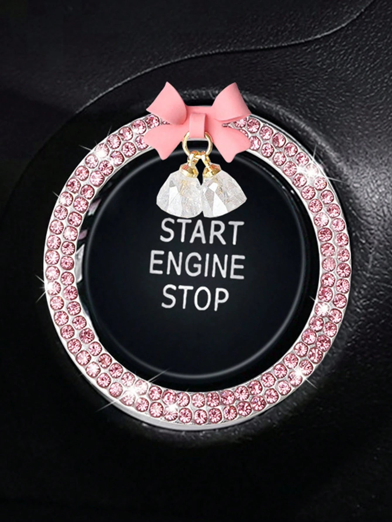 1pc Car One-Key Start Decorative Sticker, Interior Button Embedded With Diamond Bow Crystal Bell Pendant Ignition Ring