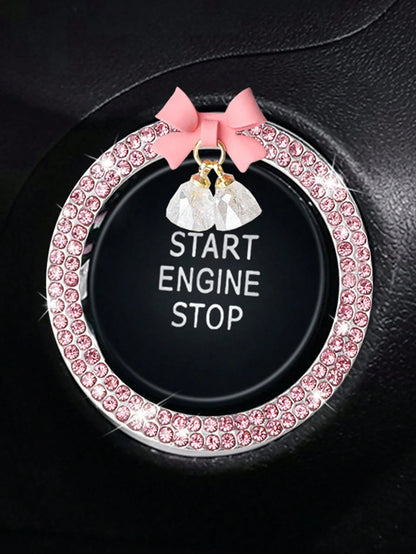 1pc Car One-Key Start Decorative Sticker, Interior Button Embedded With Diamond Bow Crystal Bell Pendant Ignition Ring