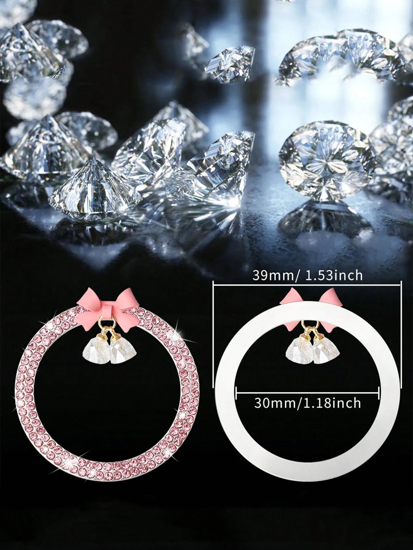 1pc Car One-Key Start Decorative Sticker, Interior Button Embedded With Diamond Bow Crystal Bell Pendant Ignition Ring