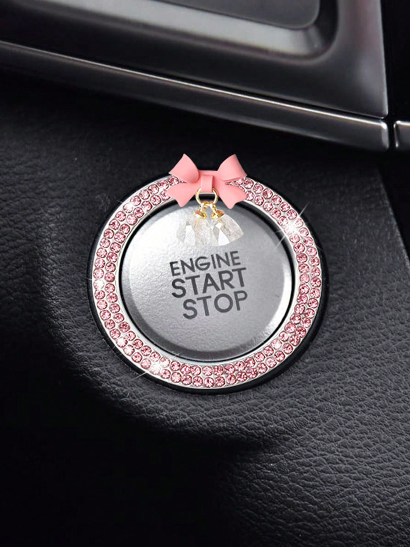 1pc Car One-Key Start Decorative Sticker, Interior Button Embedded With Diamond Bow Crystal Bell Pendant Ignition Ring