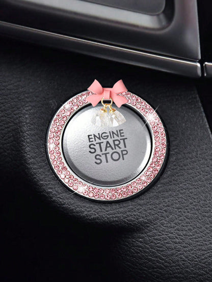 1pc Car One-Key Start Decorative Sticker, Interior Button Embedded With Diamond Bow Crystal Bell Pendant Ignition Ring