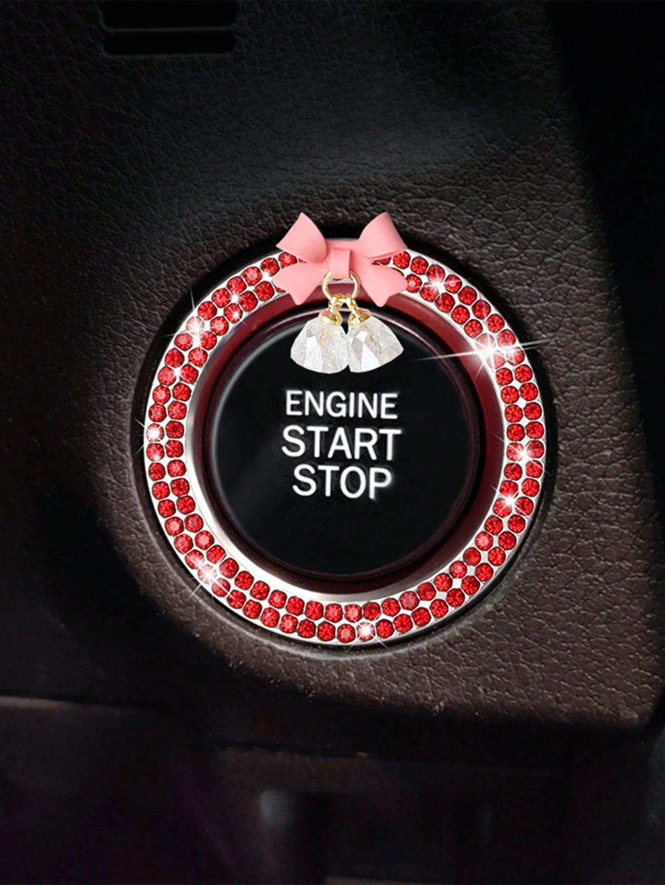 1pc Car One-Key Start Decorative Sticker, Interior Button Embedded With Diamond Bow Crystal Bell Pendant Ignition Ring